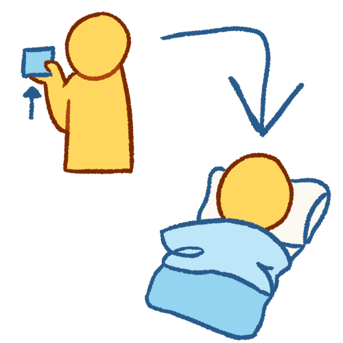  A drawing of an emoji yellow person in the top left corner slightly lifting a small blue box, with a blue arrow underneath it pointing upwards. A large blue arrow points from that person to a drawing in the bottom right corner of the person laying in bed. 